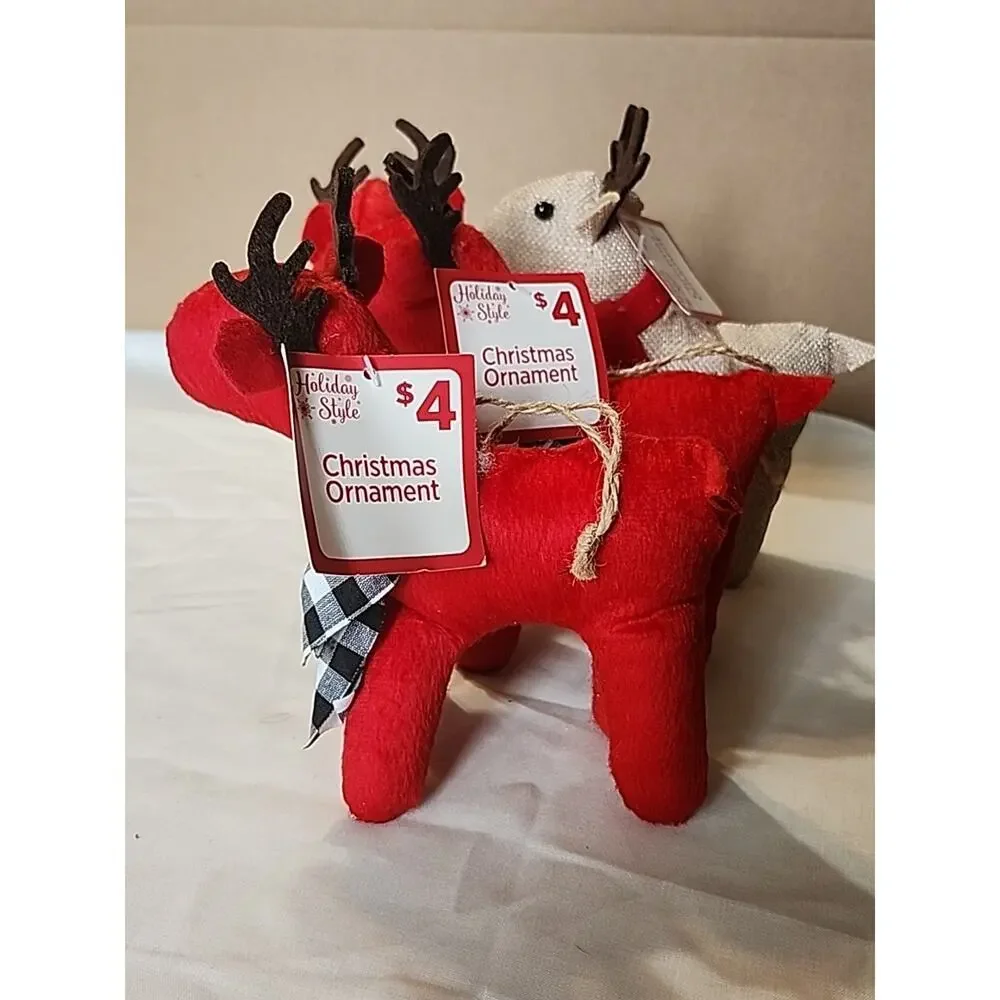 4 Home Style Christmas Reindeer Ornaments Felt Red Burlap Plush 6